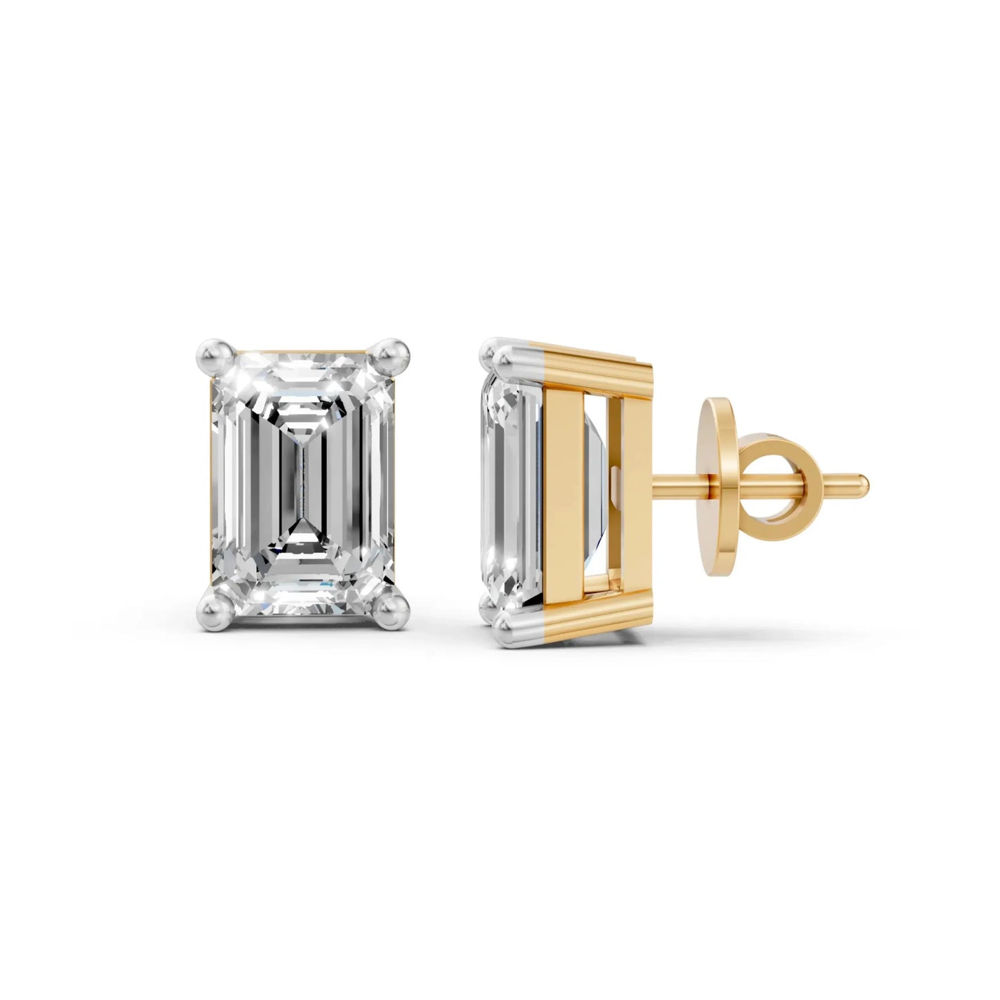 Emerald Cut Diamond Stud Earrings Yellow Gold