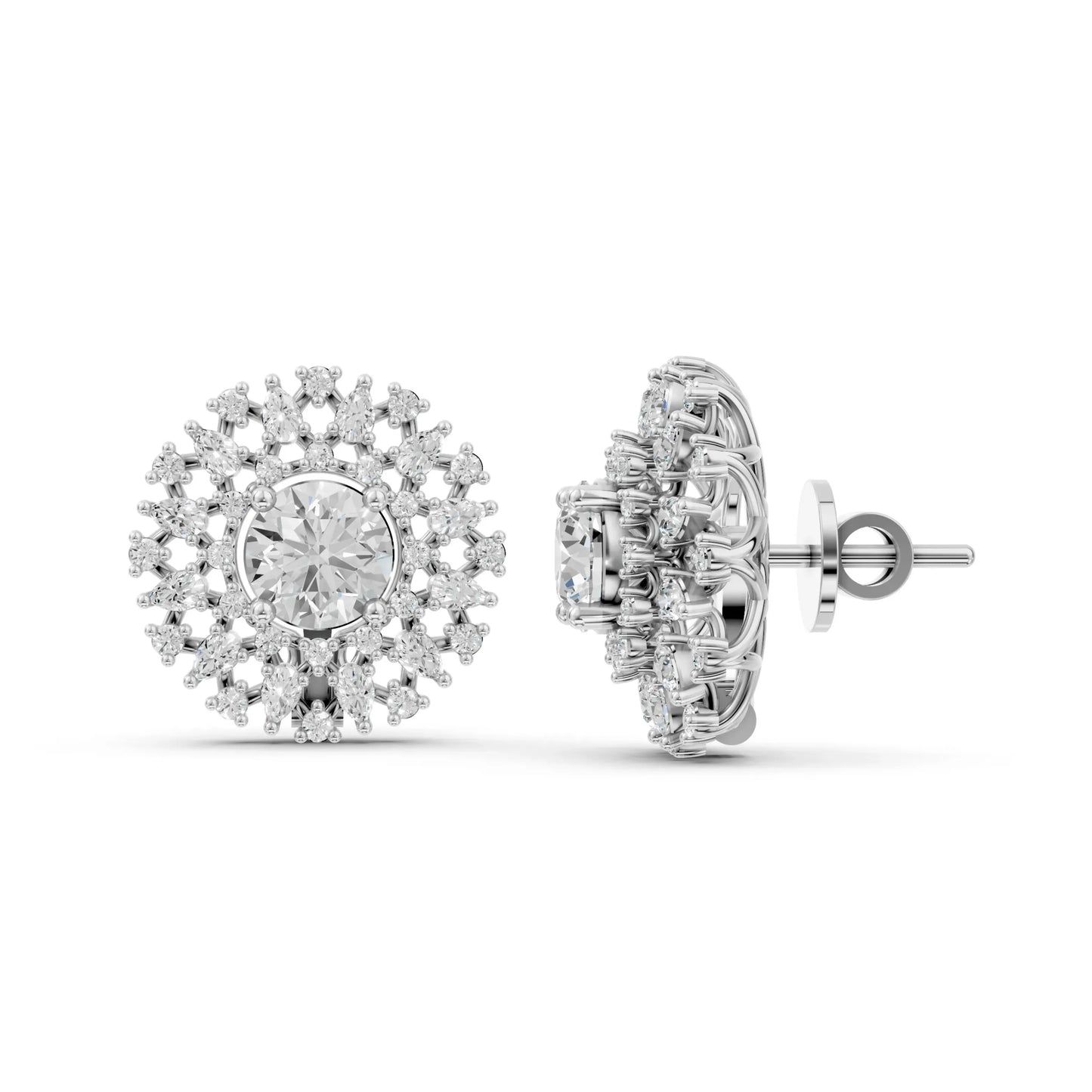 Round and Marquise Diamond Floral Stud Earrings White Gold