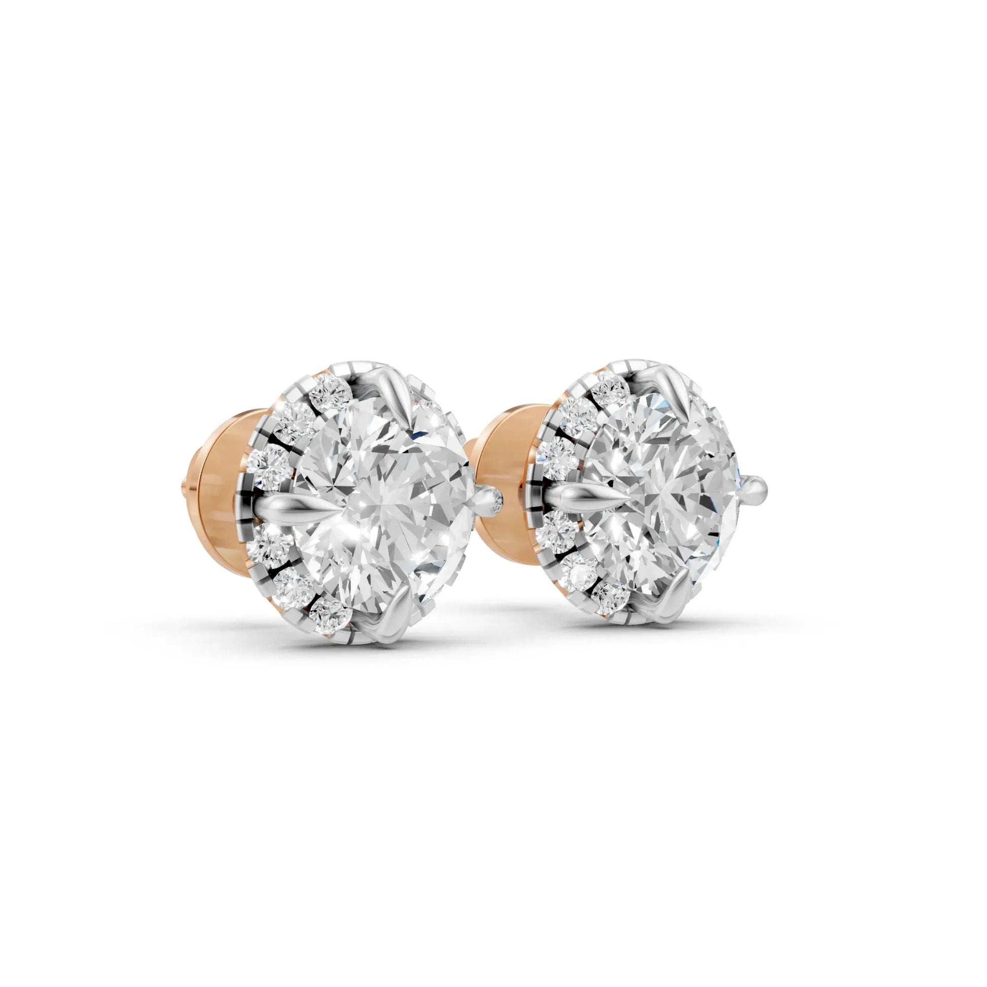 Halo Round Diamond Stud Earrings Rose Gold