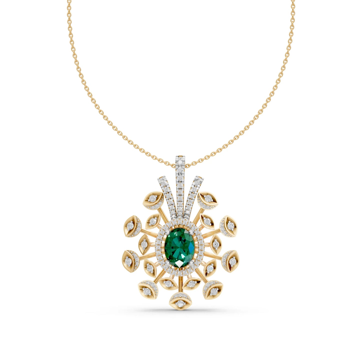 Peacock Feather Green Pendant Yellow Gold