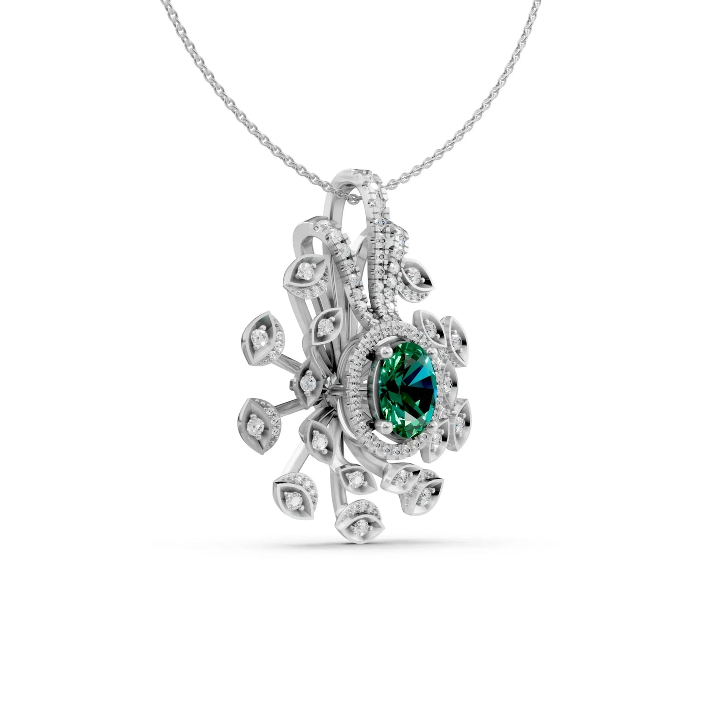 Peacock Feather Green Pendant White Gold