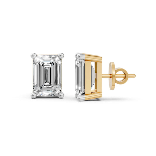 Emerald Cut Diamond Stud Earrings Yellow Gold