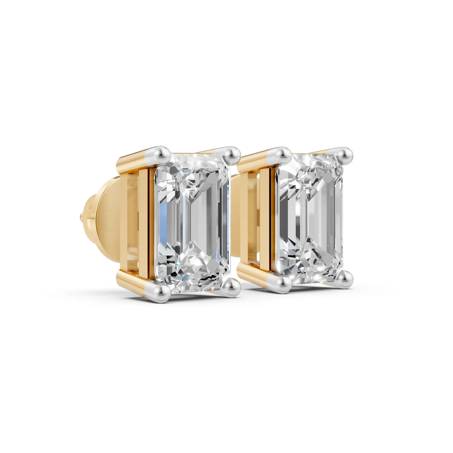 Emerald Cut Diamond Stud Earrings Yellow Gold